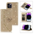 thumbnail image 1 of Shining Wallet Case for iPhone 14 Pro with Card Slots Holder Kickstand Flip Folio Cover, Sparkle Bling PU Leather Diamond Heart Love Magnetic Clasp Stylish Case for Women Girls, Gold, 1 of 6