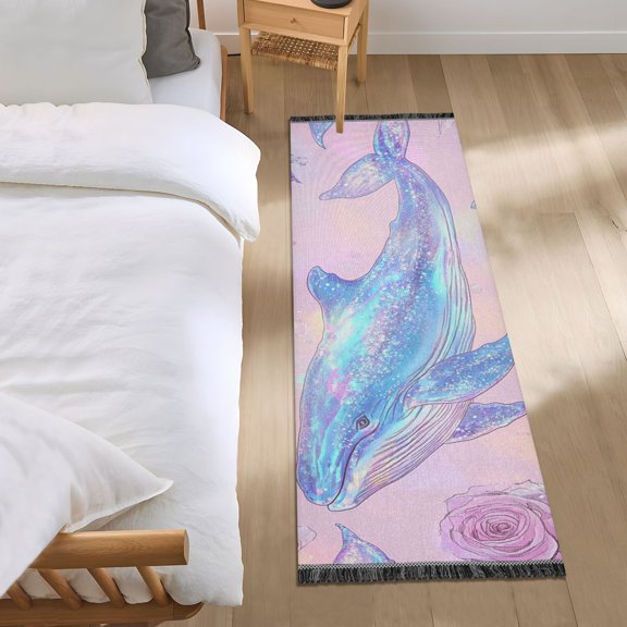Shining Whales Roses Romantic Bedside Runner Rug 2'x 6' Non Slip Carpet Floor Mat Area Rug