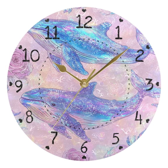 Shining Whales Roses Romantic Round Wall Clock Silent Analog Battery Operated Gold Pointer Home Decor 9.84" Diameter
