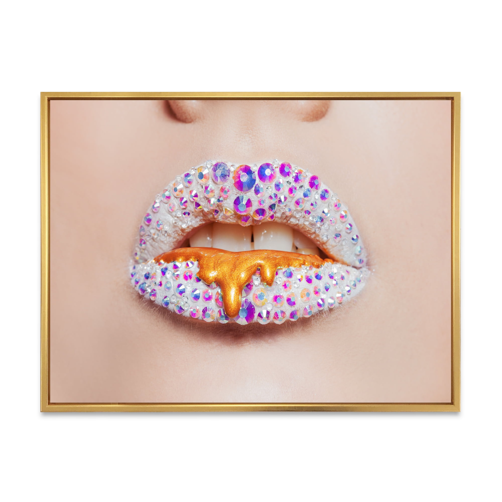 Shining Woman Lips Covered With Rhinestones and Smudges 40 in x 30 in Framed Photography Canvas Art Print, by Designart