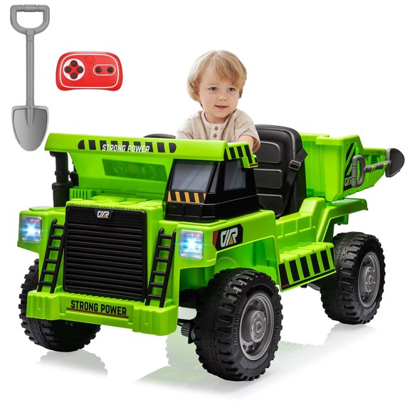 Shininglove 12V Ride-on Dump Truck for Kids, 4-Wheel Drive Battery Powered Toy Cars with Electric Dump Bed, Remote Control, Extra Shovel, USB, MP3, Music Player(Green)
