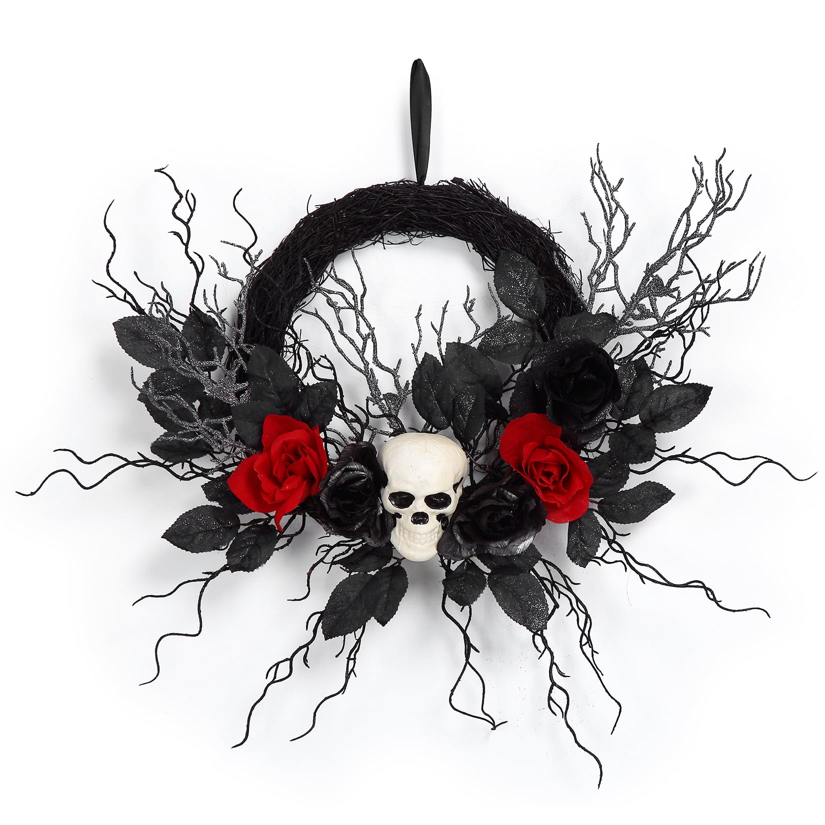 Shininglove 20 inch Skull Halloween Wreaths for Front Door, Black ...