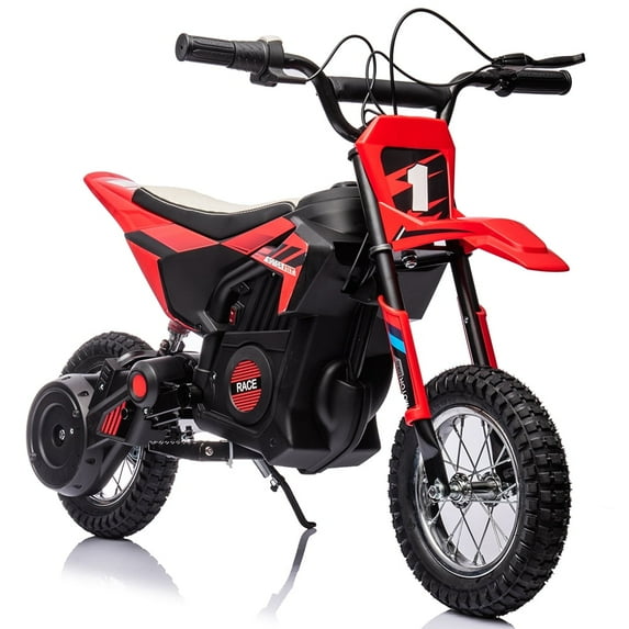 Shininglove 24V 7Ah Electric Motocross Bike, 13.6mph Fast Speed, 250W Strong Motor Car, Chain Drive, Leather Seat, Disc Brake, Air-Filled Tires, Red