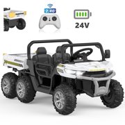 Shininglove 24V Kids Battery Powered Electric Tractor with Shovel, 6 Wheels Ride on Car with Tipping Bucket Trunk 2.4G RC, MP3 Player, White