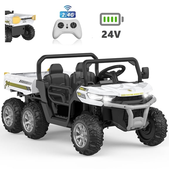 Shininglove 24V Kids Battery Powered Electric Tractor with Shovel, 6 Wheels Ride on Car with Tipping Bucket Trunk 2.4G RC, MP3 Player, White
