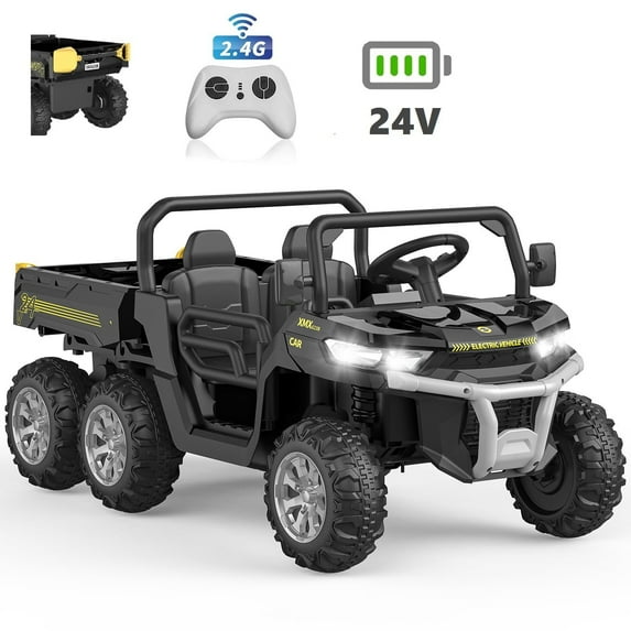 Shininglove 24V Kids Electric Car with Shovel, 6 Wheels Battery Powered Ride ons with Tipping Bucket Trunk, Music, LED Light, Black