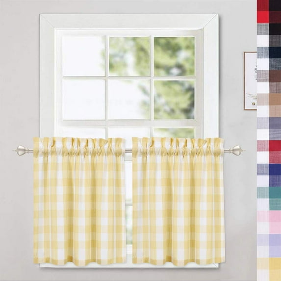 Shininglove 26" W x 30" L Buffalo Check Tier Curtains for Kitchen Light Filtering Curtain Panels, Set of 2, Yellow