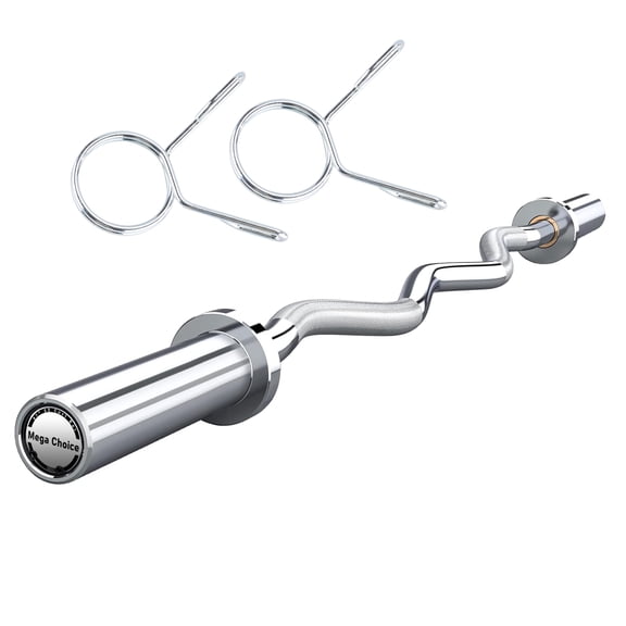 Shininglove 47" EZ Curl Weight Lifting Bar, Barbell Bar for Biceps, Triceps, Back and Leg Muscle Group Exercise, Chrome Home Gym Weight Bar with 2 Spring Collars for 2 Inch Weight Plates, Silver