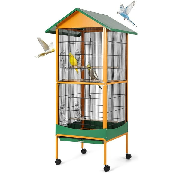 Shininglove 66" Extra Large Bird Cage w/Waterproof Roof & Lockable Wheels - Easy Clean Detachable Tray for Macaw, Parakeet, Conure Indoor Outdoor