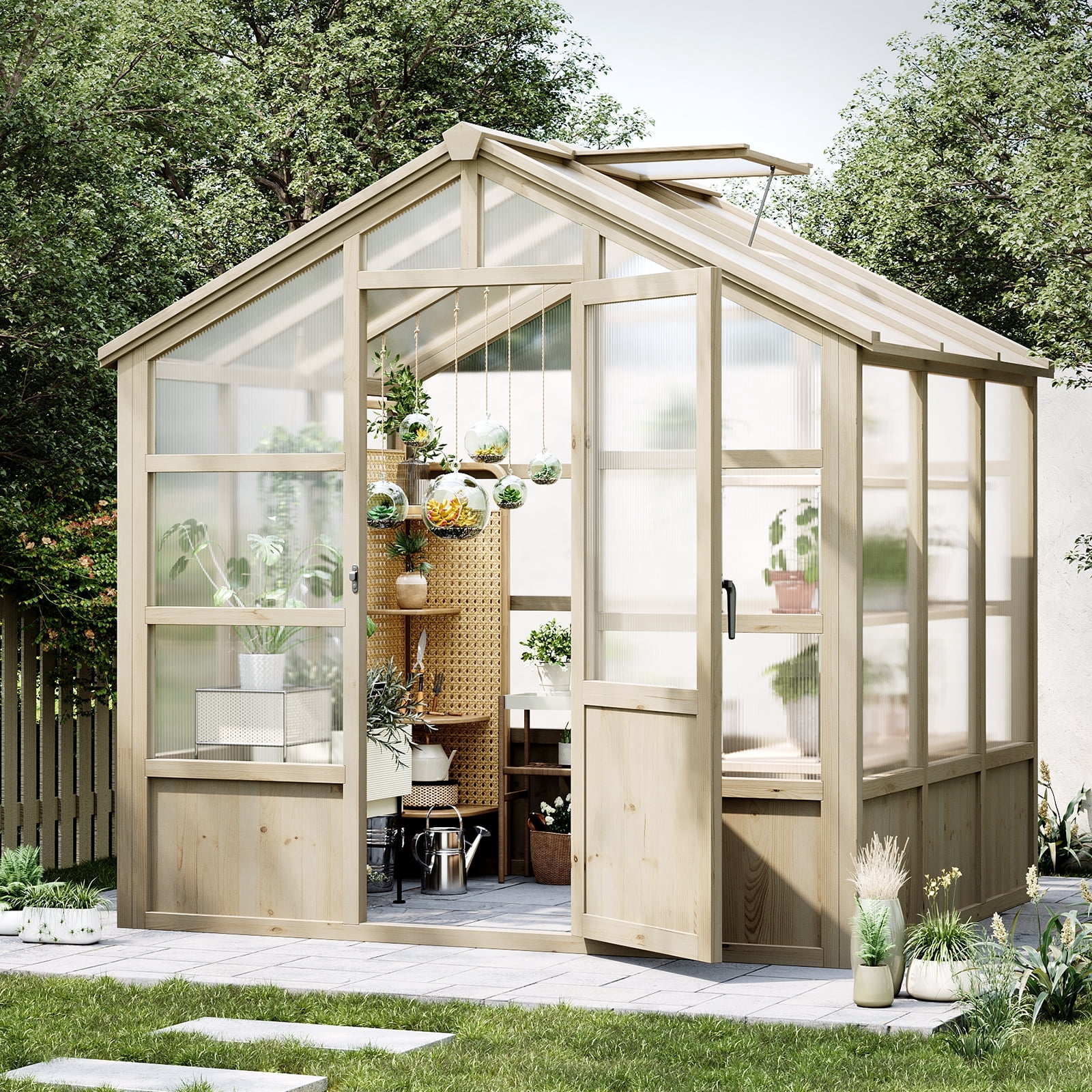 Shininglove 6x8FT Spruce Wood Greenhouse w/Lockable Door & Adjustable Vent – Heavy-Duty Polycarbonate Panel Outdoor Garden House (Light Brown)