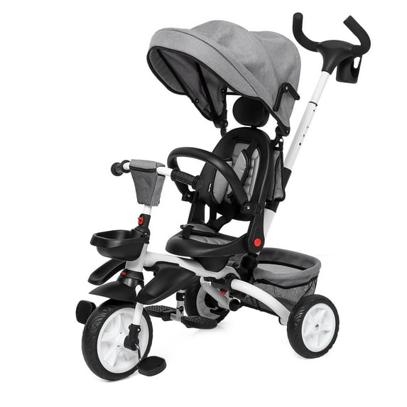 Shininglove 7-in-1 Baby Trike with Removable Adjustable Push Handle, Canopy, Rotatable Seat, Safety Harness, Cup Holder & Storage, Unisex