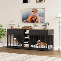Shininglove 82" Double Dog Crate Furniture, Heavy Duty Wooden Kennel with 4 Drawers for Large/Medium Dogs