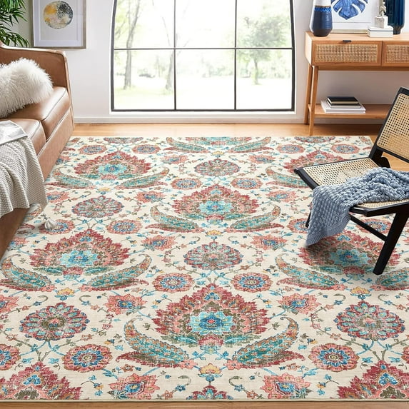 Shininglove Area Rugs 9' x 12' - Entryway Non-Slip Vintage Low Pile Carpet, Ultra-Thin Retro Accent Floor Mat for Dining Room, Colored