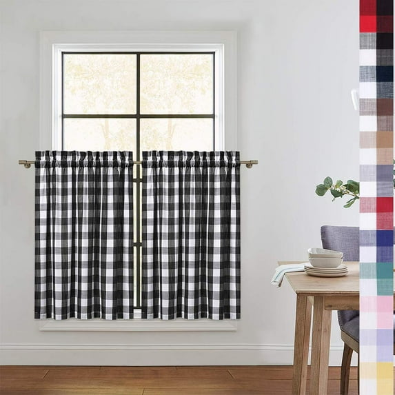 Shininglove Cafe Curtains 26" W x 36" L Buffalo Plaid Gingham Check Short Curtains for Kitchen Bathroom Basement Living Room, 2 Panels, Black