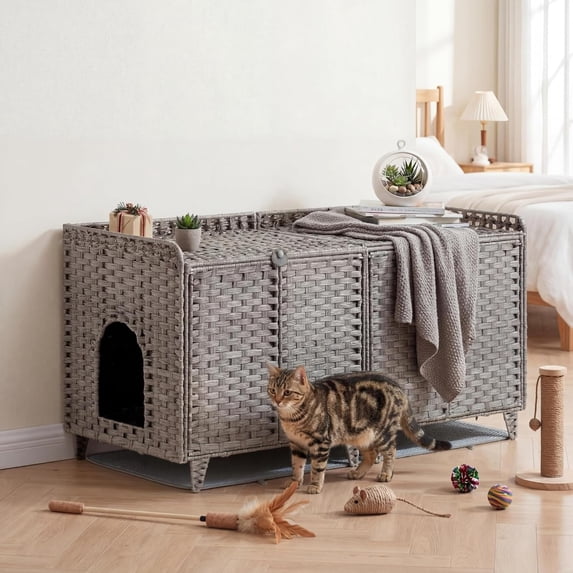Shininglove Double Rattan Cat Litter Box Enclosure for 2 Cats, 47 x 20 x 24 In, Hidden Cabinet