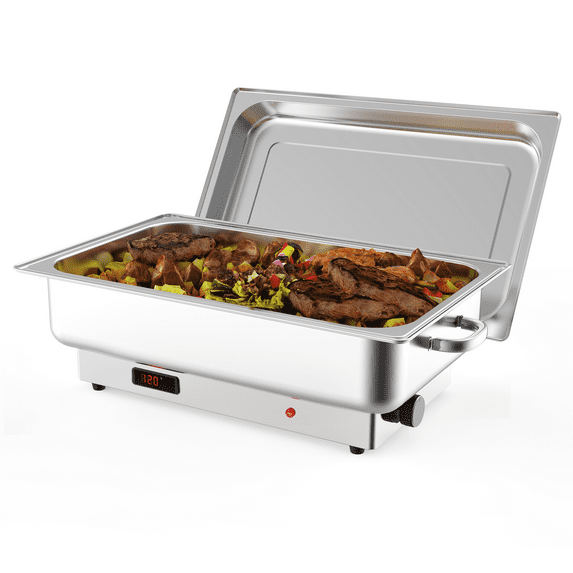 Shininglove Electric Chafing Dish Set with Temperature Control, 15QT Plat Top Stainless Steel Full-size Chafer with Transparent Lid