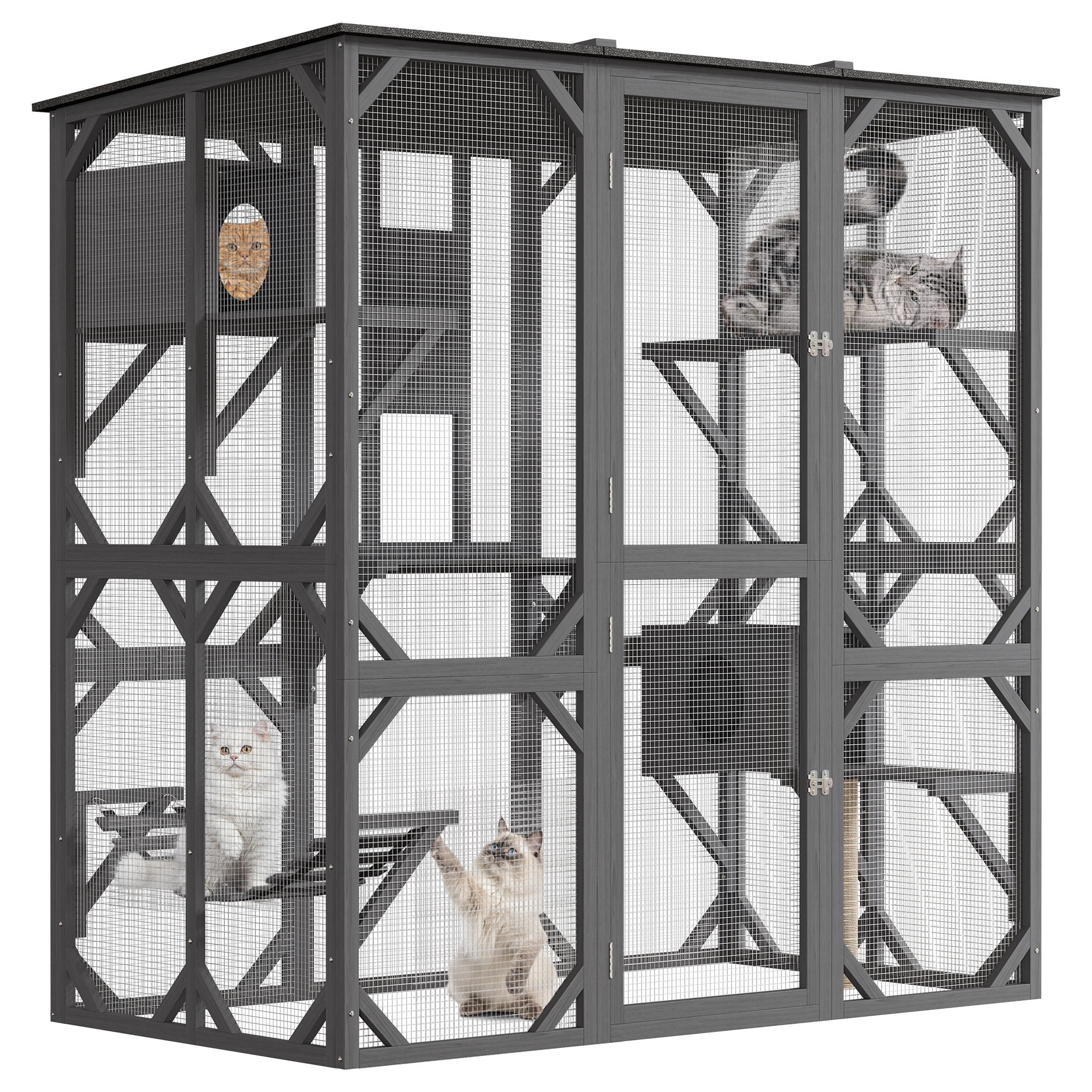 Shininglove Extra Large Catio, Wooden Cat House with Waterproof Roof, Outdoor Cat Enclosure with Napping House, Platform, Hammock and Sisal Post, 68.11x69.69x36.38 Inches