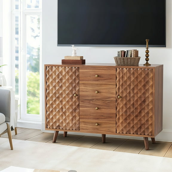 Shininglove Farmhouse Sideboard Buffet Cabinet with 4 Drawers & 2 Doors – 47.2" Rustic Storage Cabinet for Kitchen, Dining Room & Living Room