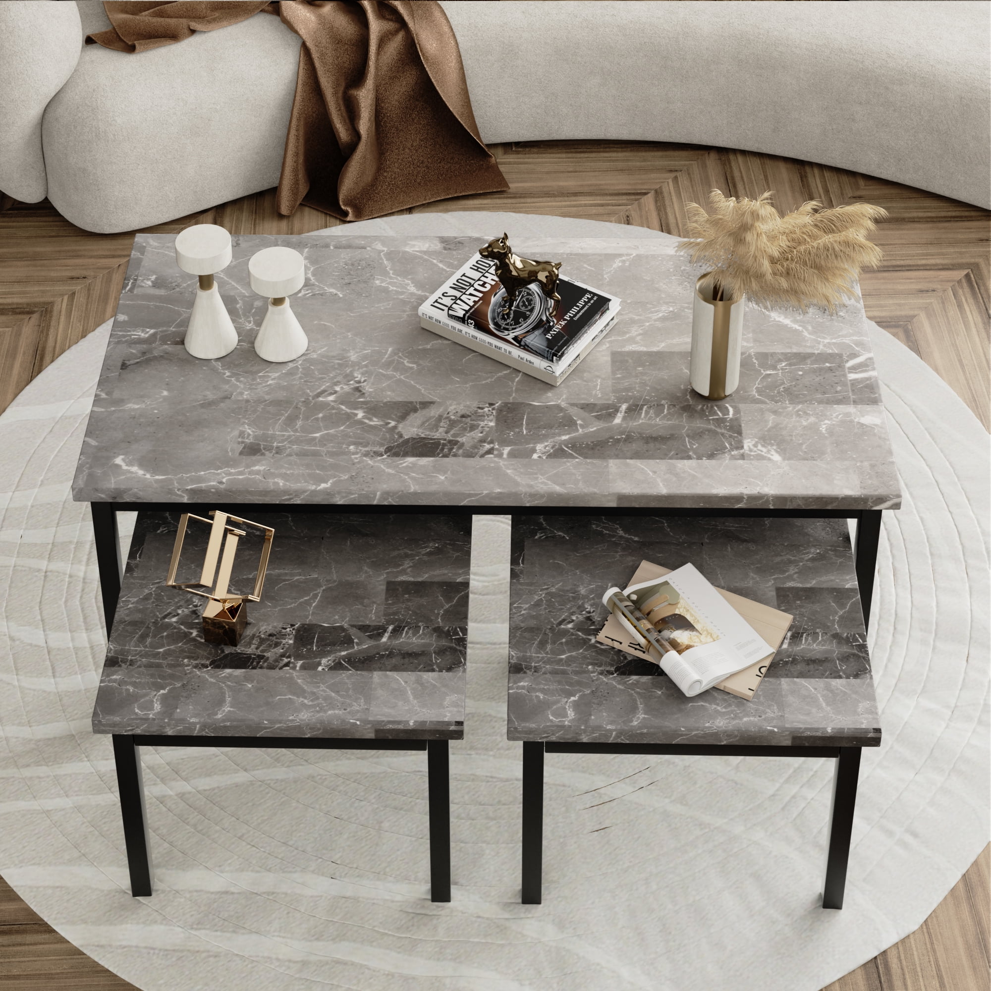 Shininglove Faux Marble Coffee Table Set of 3 Pieces Living Room Table Set with Metal Frame Sofa Side Tables Grey