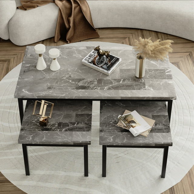 Shininglove Faux Marble Coffee Table Set of 3 Pieces, Living Room Table