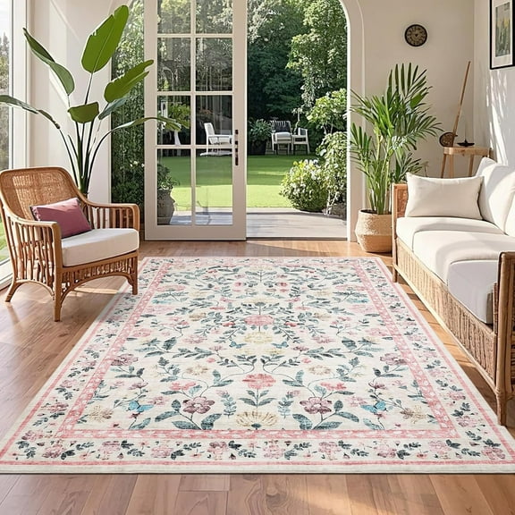 Shininglove Floral Area Rugs, Washable Living Room Rugs with Non-Slip Backing, Low-Pile, Non-Shedding, Foldable, for Dining Home Office Kitchen Hallway