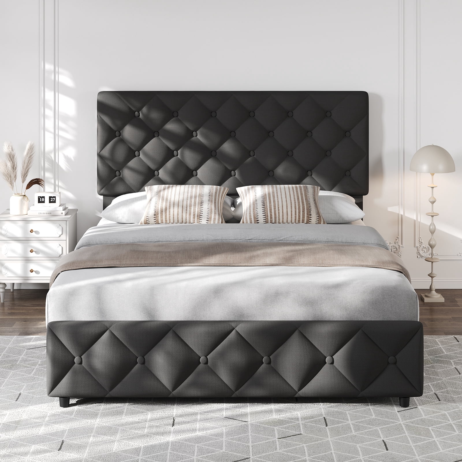 Shininglove Full Size Bed Frame with Storage - Linen Upholstered Platform Bed, 4 Spacious Drawers, Diamond Tufted Headboard, No Box Spring Needed(Black)