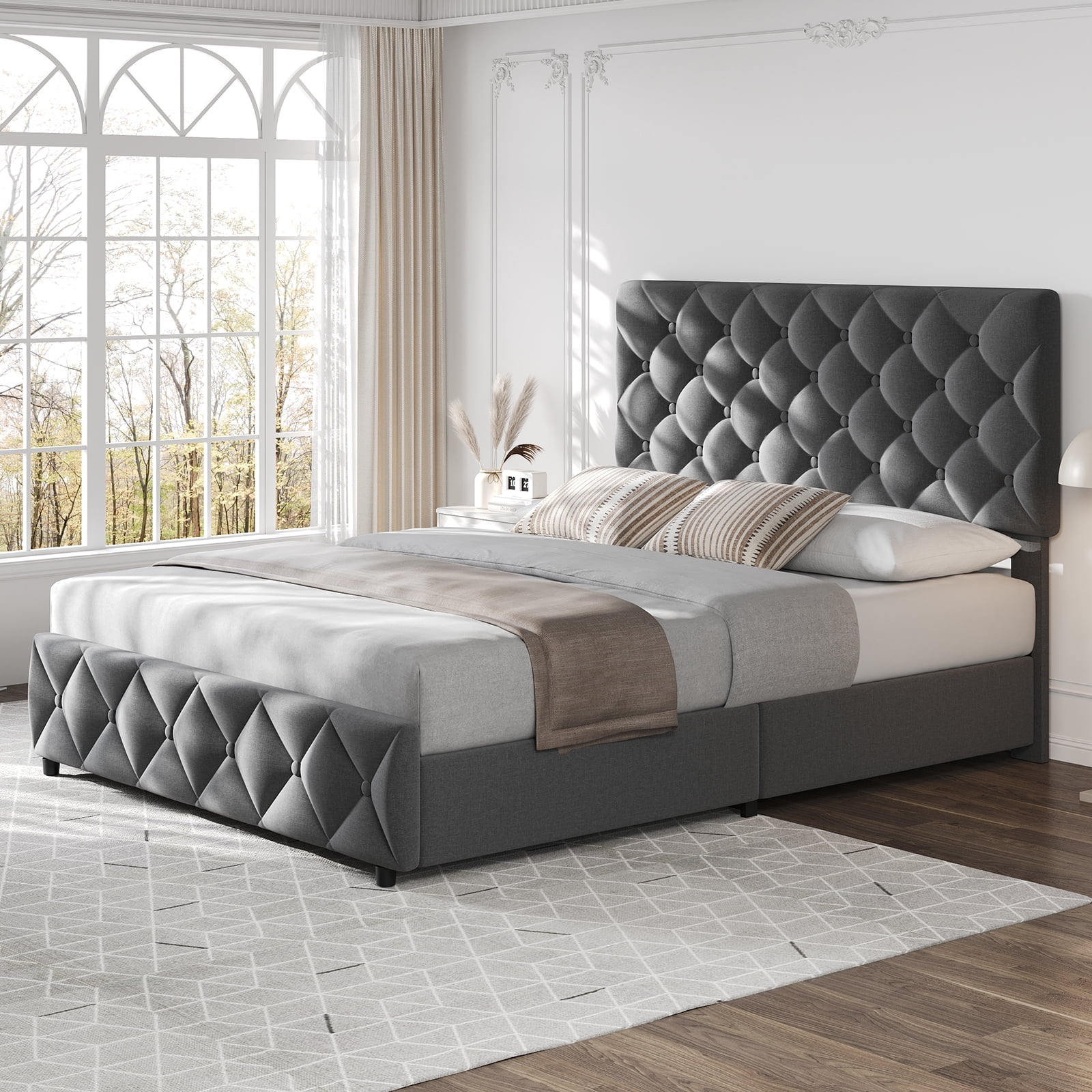 Shininglove Full Size Bed Frame with Storage - Linen Upholstered Platform Bed, 4 Spacious Drawers, Diamond Tufted Headboard, No Box Spring Needed(Grey)