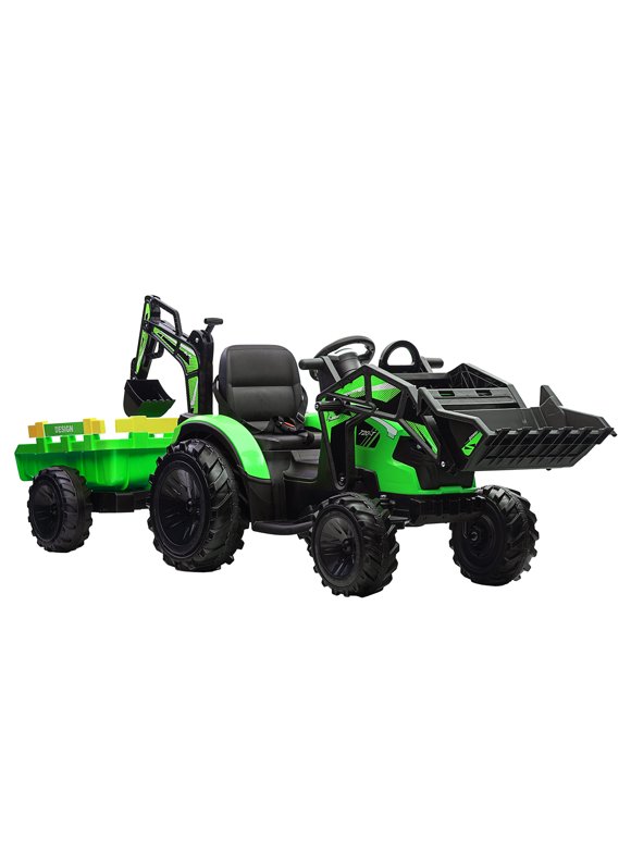Shininglove Kids Ride on Truck, 24V 7A Battery Powered Electric Ride on Car with Digging Bucket, Shovel Bucket and Trailer, Green