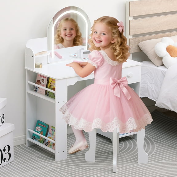 Shininglove Kids Vanity with Lighted Mirror & Stool for Girls 3-9 - Adjustable LED, Storage Drawer(White)