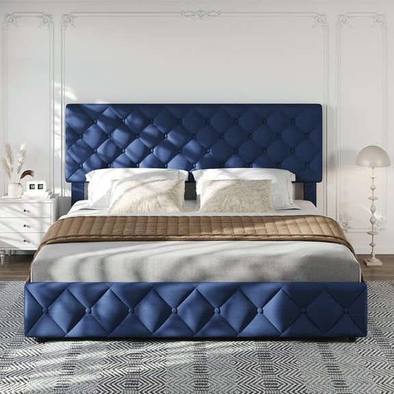 Shininglove King Size Bed Frame with Storage - Linen Upholstered Platform Bed, 4 Spacious Drawers, Diamond Tufted Headboard, No Box Spring Needed(Blue)