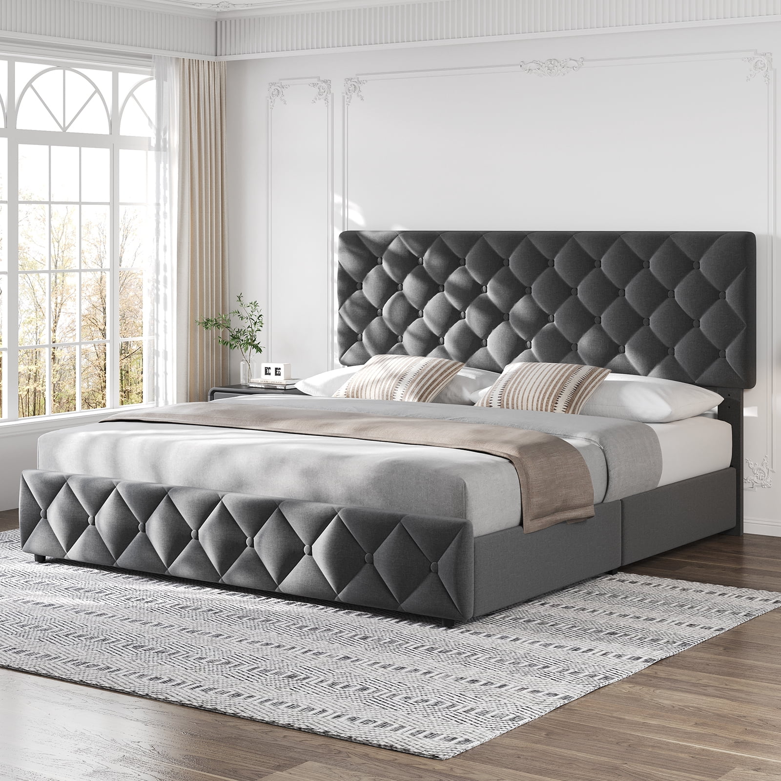 Shininglove King Size Bed Frame with Storage - Linen Upholstered Platform Bed, 4 Spacious Drawers, Diamond Tufted Headboard, No Box Spring Needed(Grey)