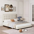 thumbnail image 1 of Shininglove King Size Upholstered Platform Bed Frame with Button Tufted Headboard, Wooden Slats Support, Beige, 1 of 6