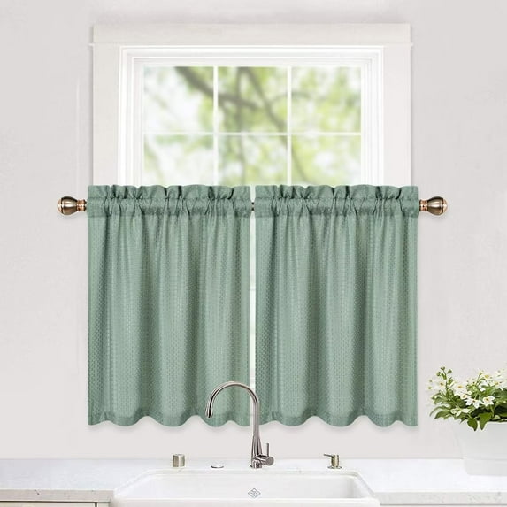 Shininglove Kitchen Curtains, Waffle Woven Textured Kitchen Curtains Cafe Curtains, 30" x 24", Sage Green, 2 Panels