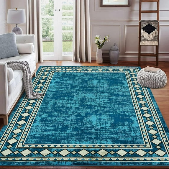 Shininglove Large Modern Bordered Area Rugs 10x13ft for Living Room, Machine Washable Low Pile Carpet with TPR Non-Slip Backing for Nursery Room Playroom(Teal)