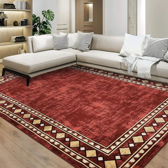 Shininglove Large Modern Bordered Area Rugs 9x12ft for Living Room, Machine Washable Low Pile Carpet with TPR Non-Slip Backing for Nursery Room Playroom(Red)