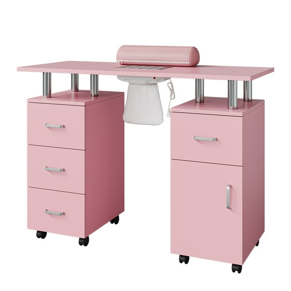 Shininglove Manicure Table, Modern Nail Desk with Dust Collector & Wrist Cushion, Wood Nail Tech Desk with Lockable Wheels, Storage Drawers & Cabinet, Ideal Beauty Salon Workstation