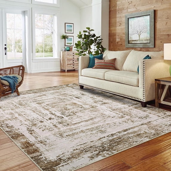 Shininglove Modern Abstract Distressed Area Rugs 10' x 13' for Living Room, Contemporary Non-Slip Washable Low Pile Carpets for Bedroom Home Office(Brown)