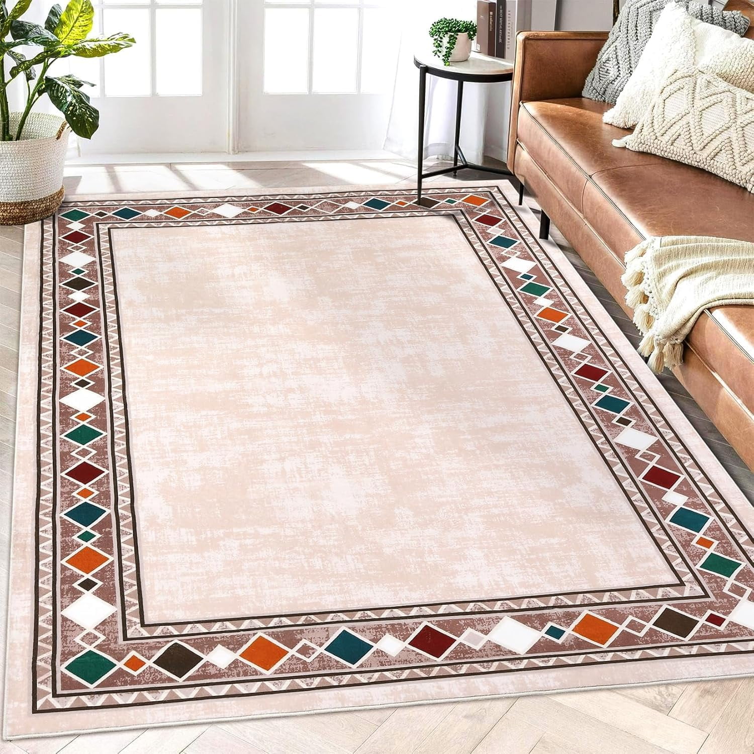Shininglove Modern Bordered Area Rugs 8x10ft for Living Room, Machine Washable Low Pile Carpet with TPR Non-Slip Backing for Home Office(Beige)