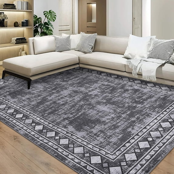 Shininglove Modern Bordered Area Rugs 8x10ft for Living Room, Machine Washable Low Pile Carpet with TPR Non-Slip Backing for Home Office(Grey)