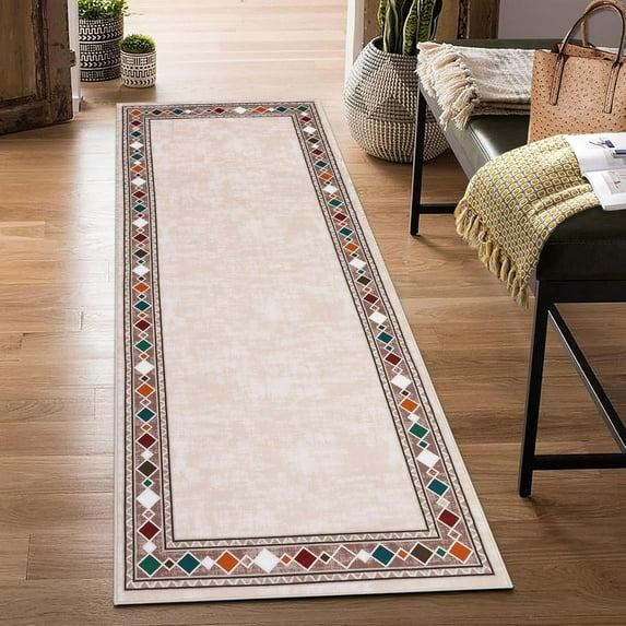 Shininglove Modern Bordered Runner Rugs 2x6ft, Machine Washable Low Pile Carpet with TPR Non-Slip Backing for Laundry Room Bedroom(Beige)