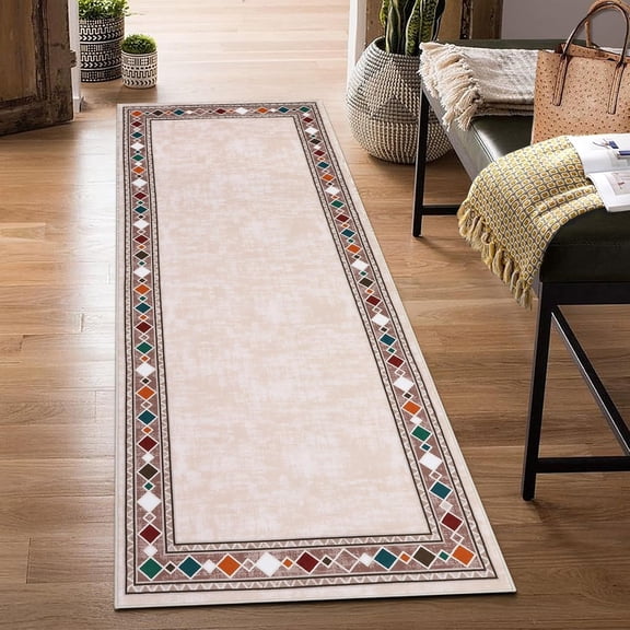 Shininglove Modern Bordered Runner Rugs 2x6ft, Machine Washable Low Pile Carpet with TPR Non-Slip Backing for Laundry Room Bedroom(Beige)
