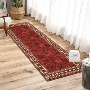 Shininglove Modern Bordered Runner Rugs 2x6ft, Machine Washable Low Pile Carpet with TPR Non-Slip Backing for Laundry Room Bedroom(Red)