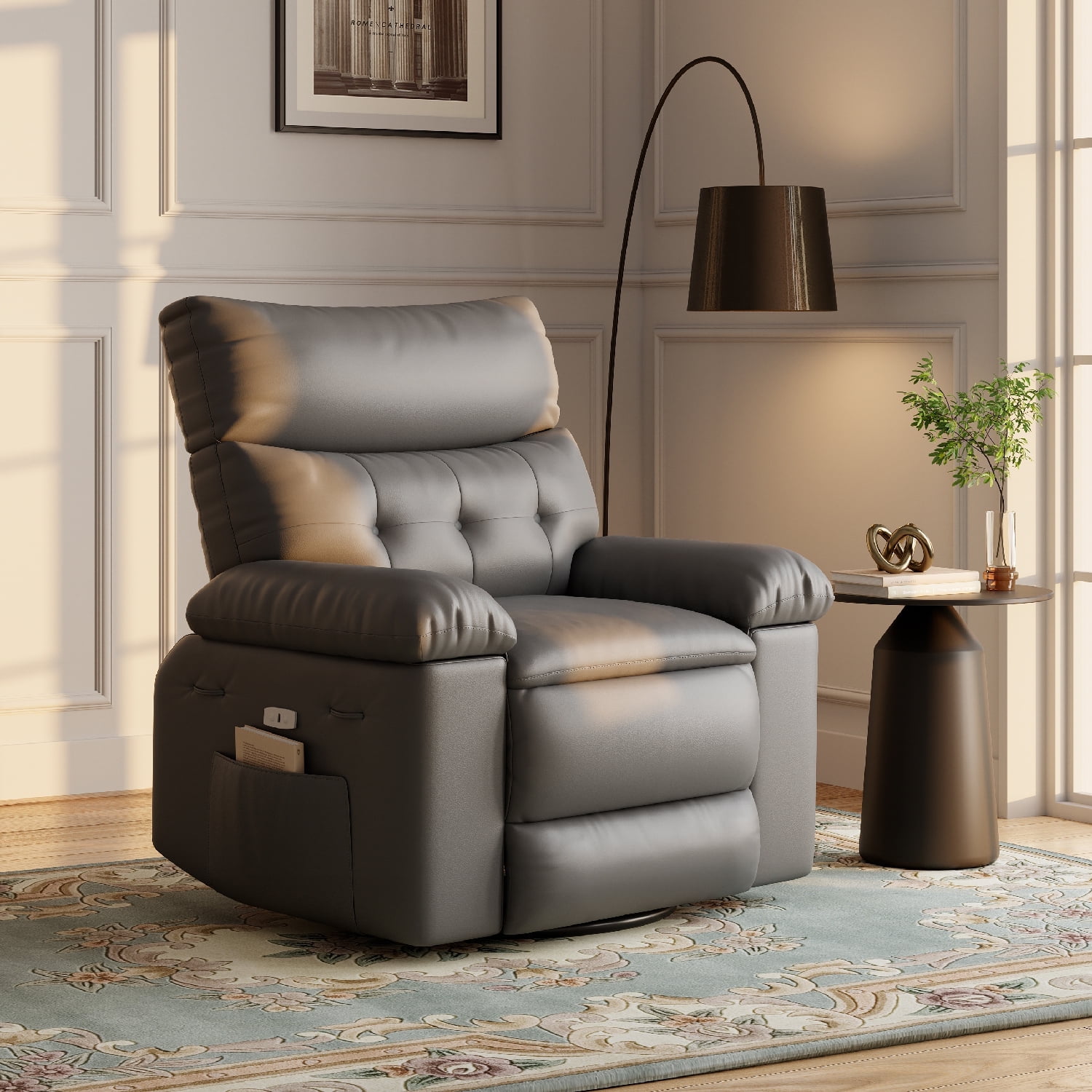 Shininglove Oversized Swivel Rocker Recliner Chair - Extra Wide PU Leather Manual Recliner with Thick Cushioning, 360° Rotation & 30° Rocking, Supports 400 lbs, for Living Room, Bedroom