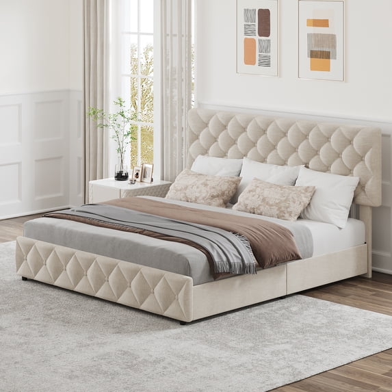 Shininglove Queen Size Bed Frame with Storage - Linen Upholstered Platform Bed, 4 Spacious Drawers, Diamond Tufted Headboard, No Box Spring Needed(Beige)
