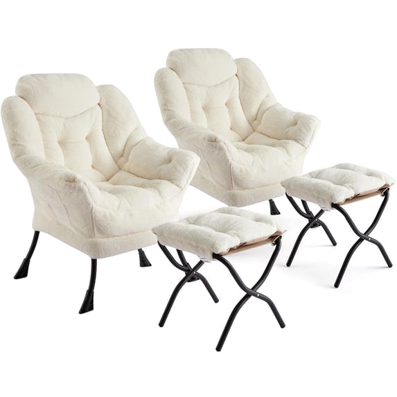 Shininglove Set of 2 Lazy Chair with Ottoman – Large Lounge Accent Chair with Folding Footrest, 400 lb Capacity, & Side Pocket for Living Room, Bedroom, Office
