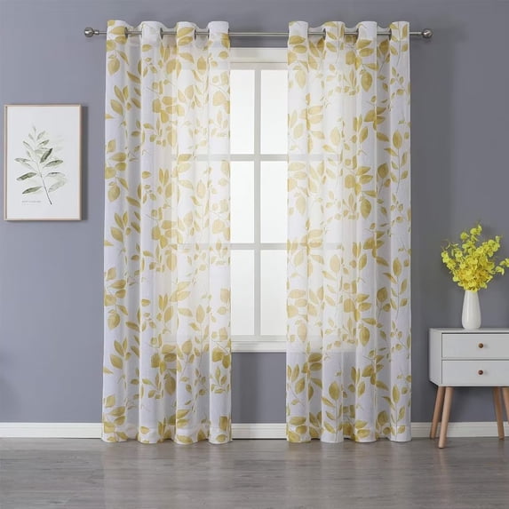 Shininglove Sheer Curtains 63 inch, Leaf Floral Faux Linen Textured Farmhouse Kitchen Tier Curtains Cafe Curtains, Yellow, Set of 2