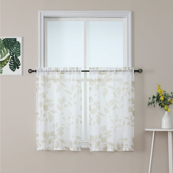 Shininglove Short Kitchen Curtains 2 Tiers Sheer Window Curtains Elegant Leaf Floral Printed Rod Pocket, 26"x45", Taupe