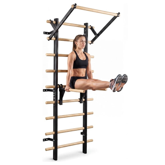 Shininglove Swedish Ladder Wall Gym with Pull Up Bar and Dip Bars, 10 Solid Beech Rungs, 440 lbs Wall-Mounted Stall Bars for Adults and Kids