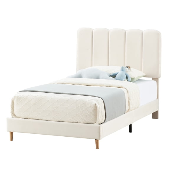 Shininglove Twin Upholstered Bed Frame with Wave Headboard, Beige Velvet Platform Bed, Wood Slat Support, No Box Spring, Easy Assembly