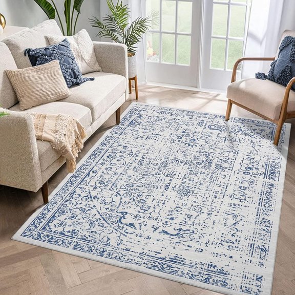 Shininglove Vintage Area Rugs for Living Room, 5' x 7' Stain Resistant Carpet Non Shedding Non-Slip, Low Pile Distressed Indoor Floor Mat(Blue)
